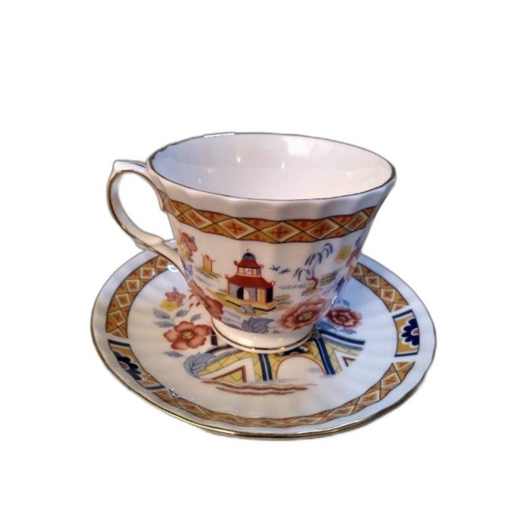 Duchess Bone China Tea Cup Saucer Rare Famille Blue Yellow Red Gold Trim Bridge